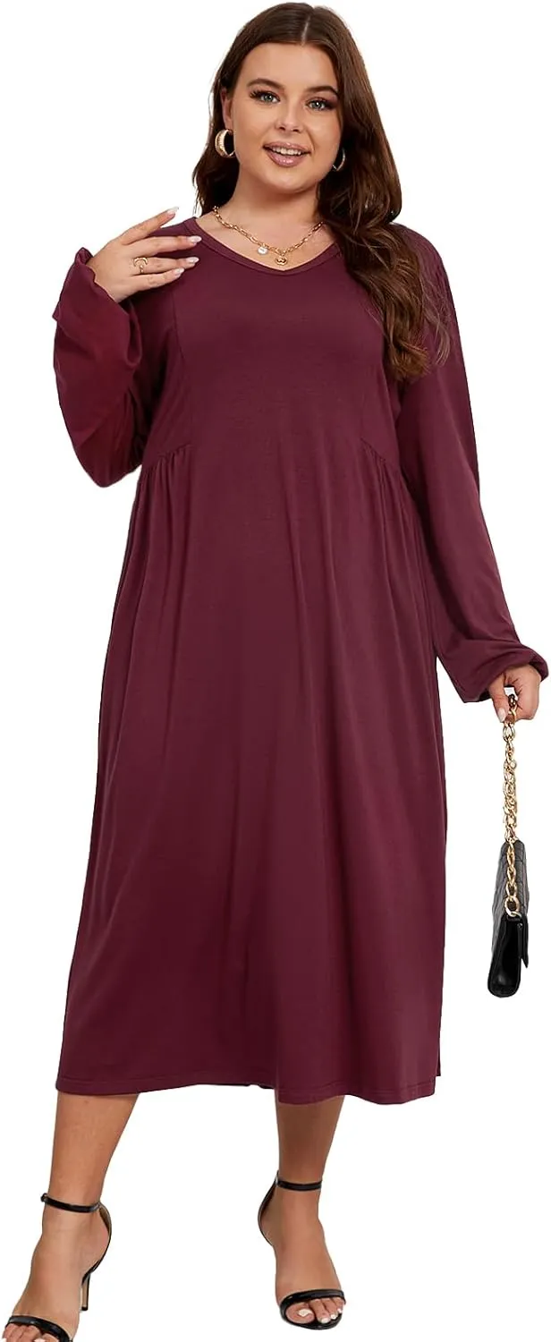 Women's Plus Size V Neck Dress Long Sleeve Casual Swing Loose Empire Waist Midi Dress