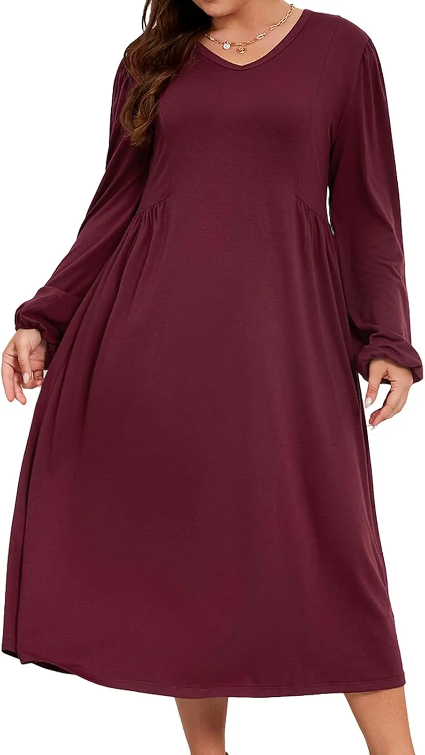 Women's Plus Size V Neck Dress Long Sleeve Casual Swing Loose Empire Waist Midi Dress