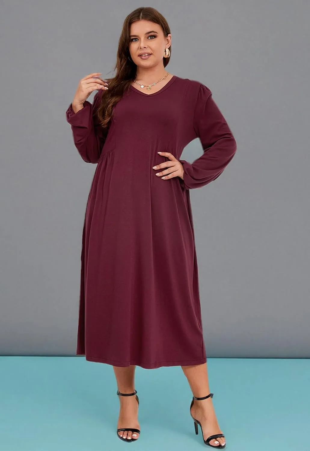 Women's Plus Size V Neck Dress Long Sleeve Casual Swing Loose Empire Waist Midi Dress