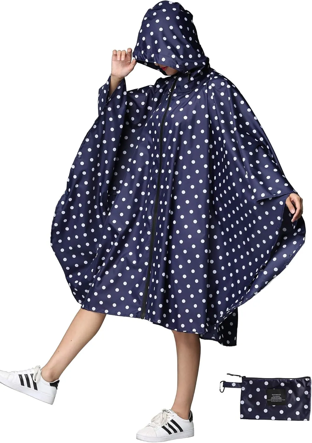 Womens Rain Poncho Stylish Polyester Waterproof Raincoat Free Size with Hood Zipper