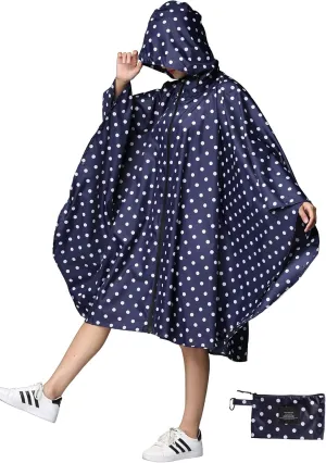 Womens Rain Poncho Stylish Polyester Waterproof Raincoat Free Size with Hood Zipper
