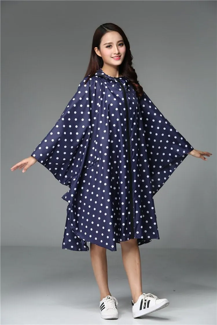 Womens Rain Poncho Stylish Polyester Waterproof Raincoat Free Size with Hood Zipper