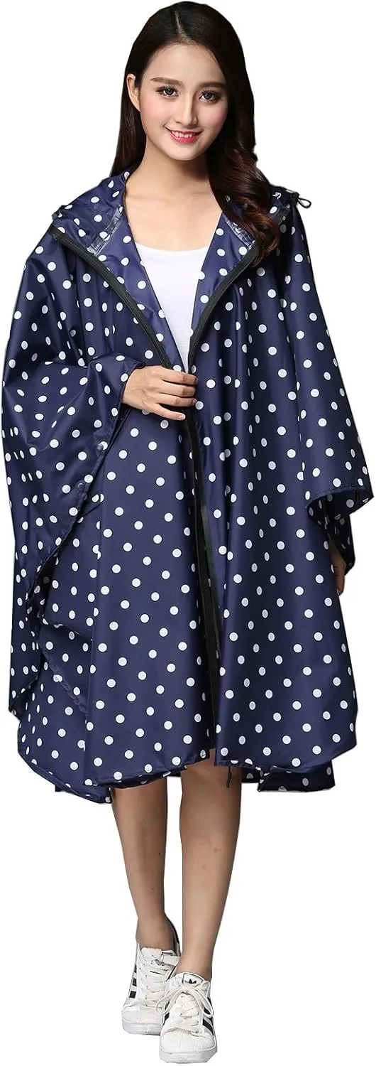 Womens Rain Poncho Stylish Polyester Waterproof Raincoat Free Size with Hood Zipper