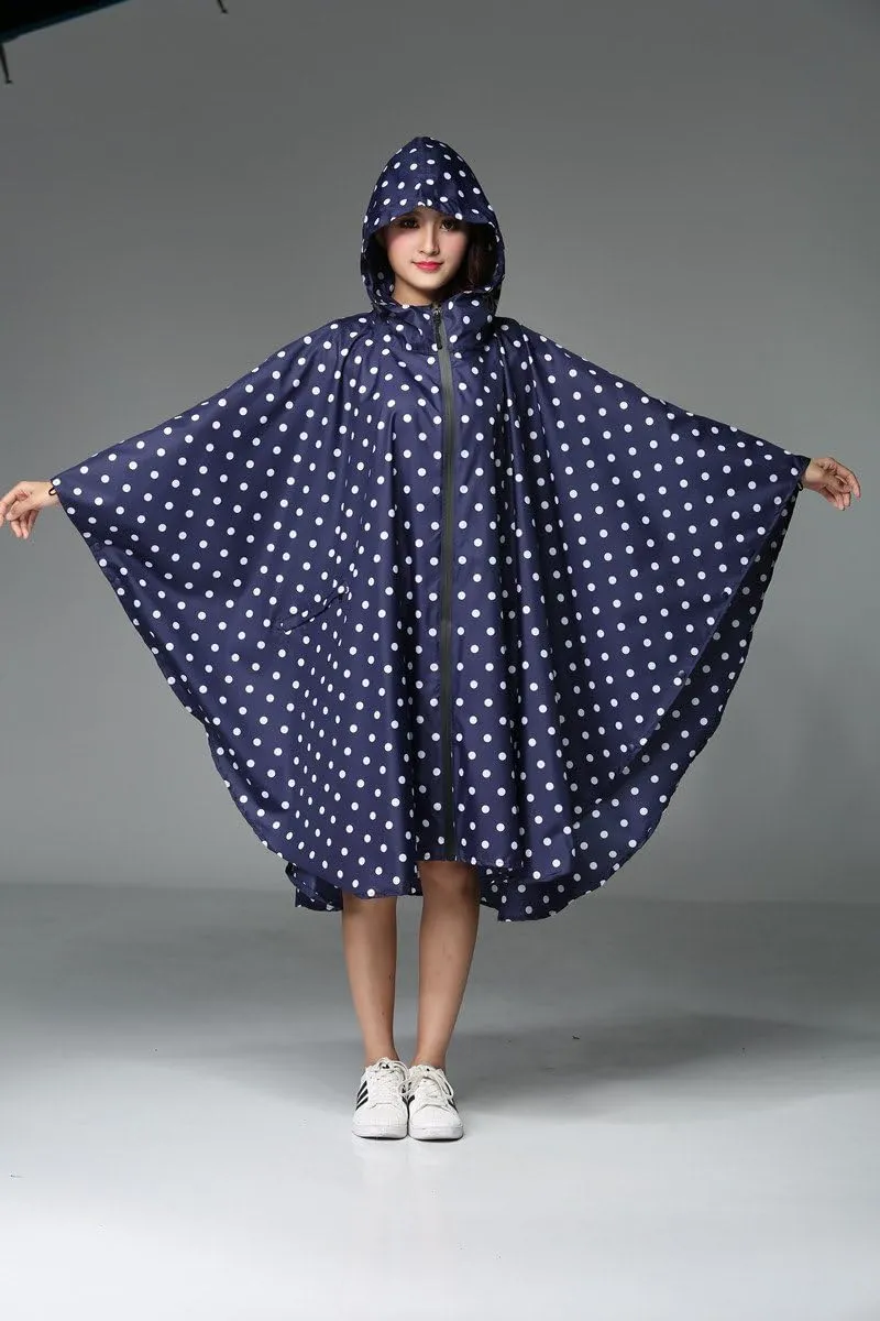 Womens Rain Poncho Stylish Polyester Waterproof Raincoat Free Size with Hood Zipper