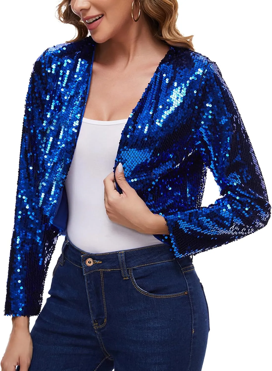 Women's Sequin Shrug Bolero Long Sleeve Collarless Glitter Jackets Sparkly Crop Cardigan
