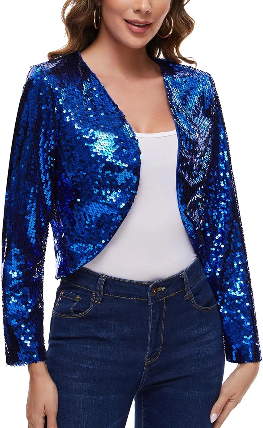 Women's Sequin Shrug Bolero Long Sleeve Collarless Glitter Jackets Sparkly Crop Cardigan