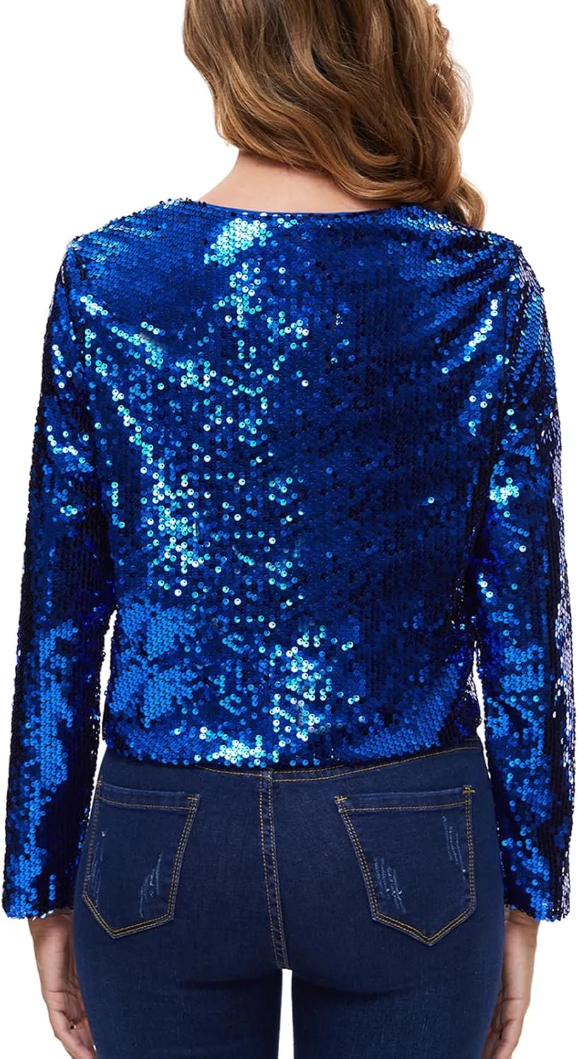 Women's Sequin Shrug Bolero Long Sleeve Collarless Glitter Jackets Sparkly Crop Cardigan