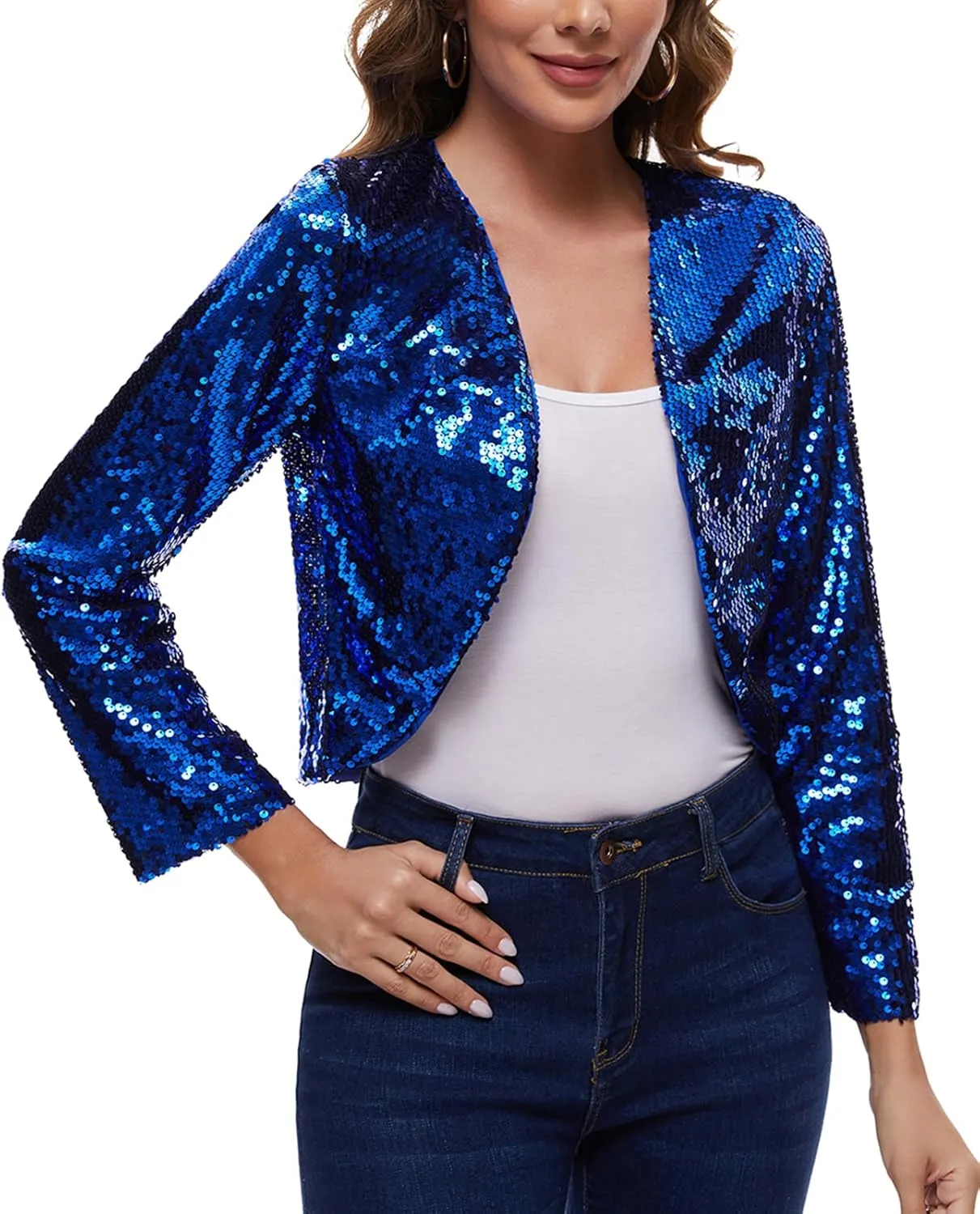 Women's Sequin Shrug Bolero Long Sleeve Collarless Glitter Jackets Sparkly Crop Cardigan