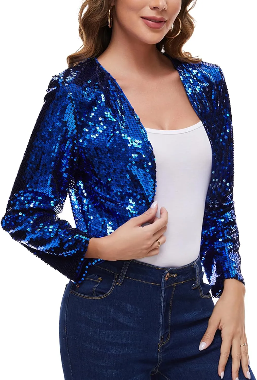 Women's Sequin Shrug Bolero Long Sleeve Collarless Glitter Jackets Sparkly Crop Cardigan