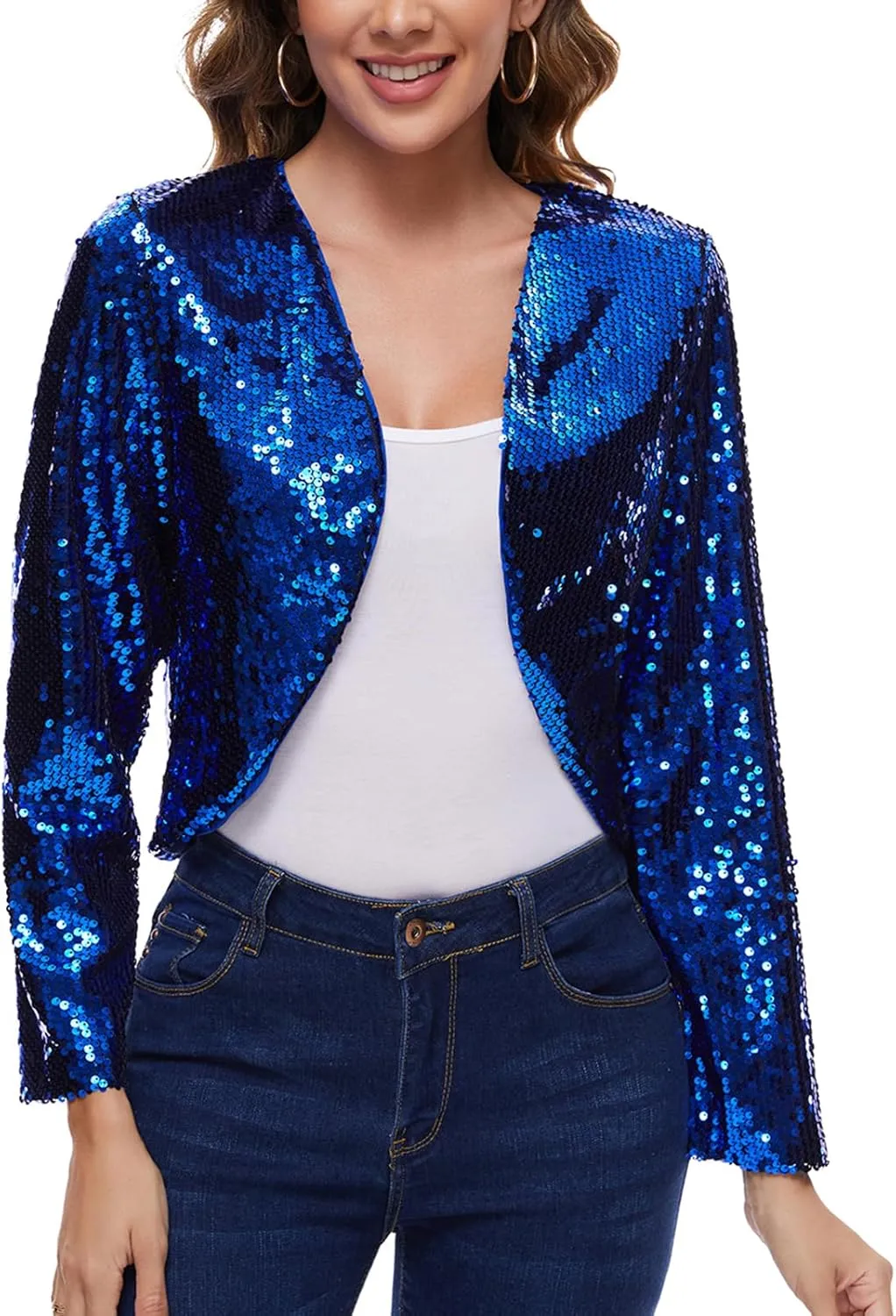 Women's Sequin Shrug Bolero Long Sleeve Collarless Glitter Jackets Sparkly Crop Cardigan