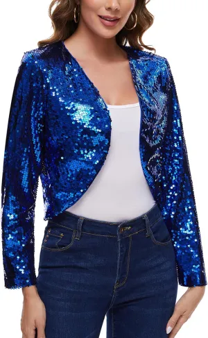 Women's Sequin Shrug Bolero Long Sleeve Collarless Glitter Jackets Sparkly Crop Cardigan