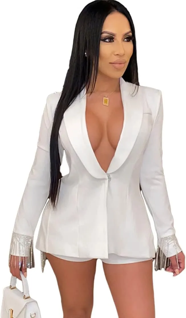 Womens Sexy 2 Pieces Back Slit Tassel Blazer Jackets Bodycon Shorts Party Casual Elegant Business Suit Outfits Set(Tassel White,S)