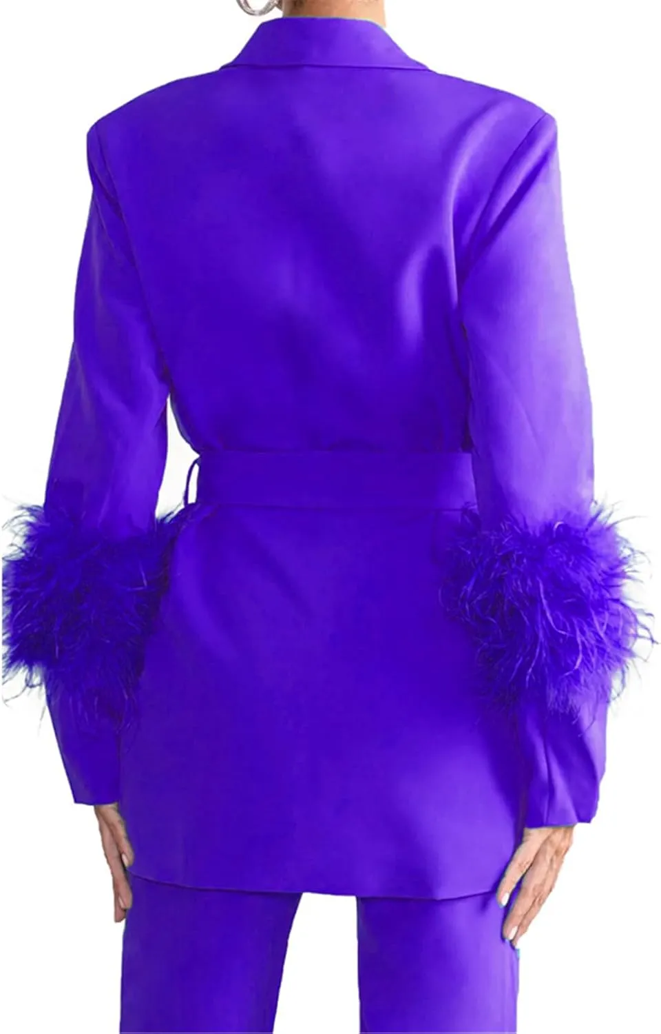 Womens Sexy 2 Pieces Feather Belted Blazer Jackets Bodycon Pants Party Clubwear Tracksuit Outfits Suit Set