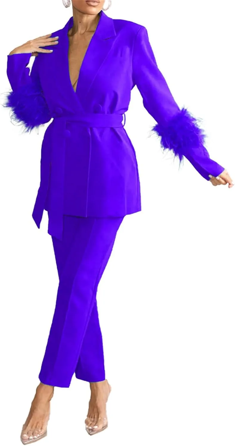 Womens Sexy 2 Pieces Feather Belted Blazer Jackets Bodycon Pants Party Clubwear Tracksuit Outfits Suit Set