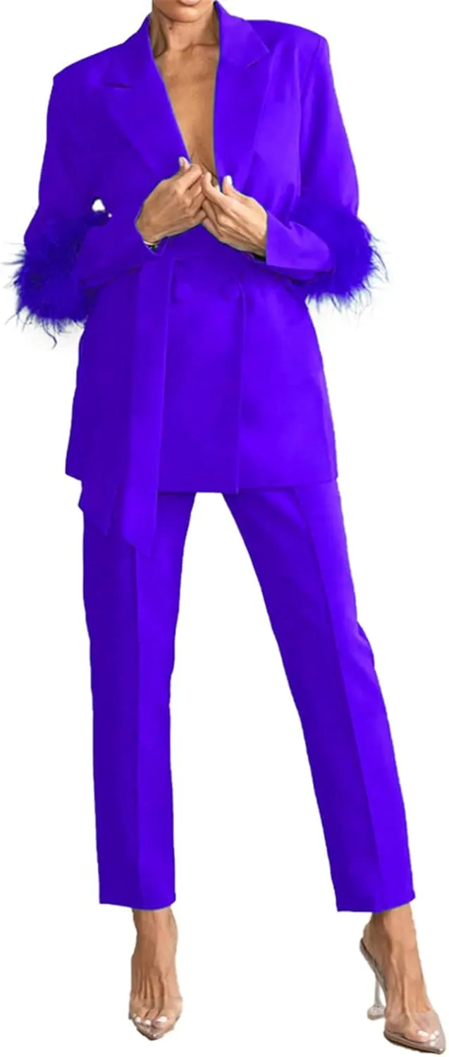 Womens Sexy 2 Pieces Feather Belted Blazer Jackets Bodycon Pants Party Clubwear Tracksuit Outfits Suit Set