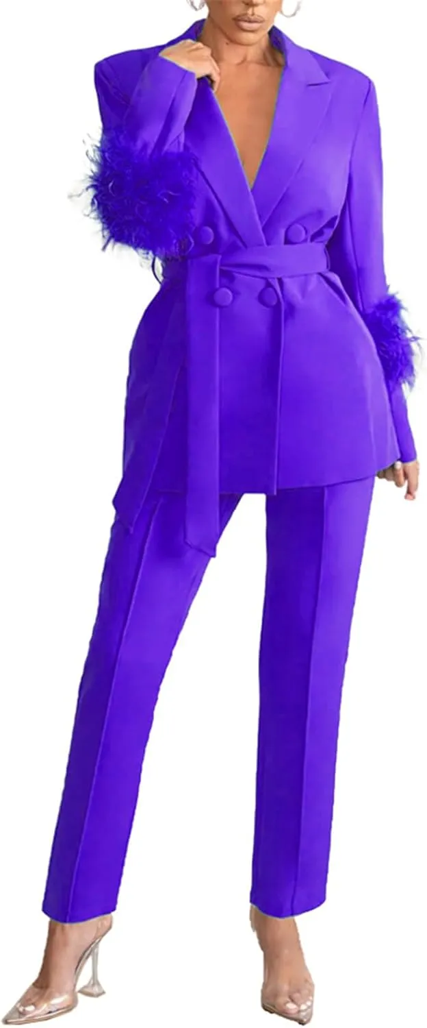 Womens Sexy 2 Pieces Feather Belted Blazer Jackets Bodycon Pants Party Clubwear Tracksuit Outfits Suit Set