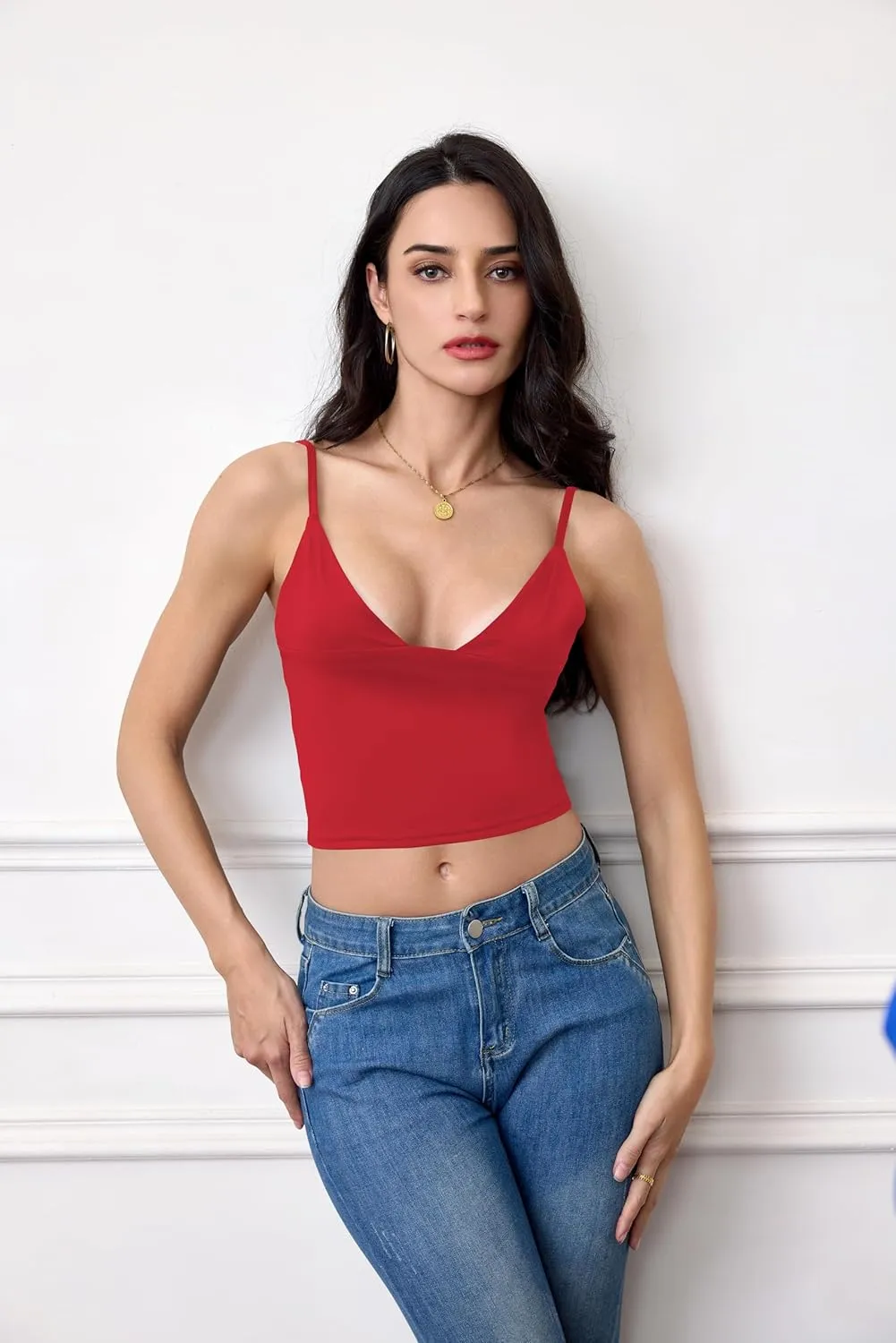 Women's Sexy Sleeveless Deep V Neck Camisole Tops Adjustable Spaghetti Straps Slim Fit Crop Tank Tops