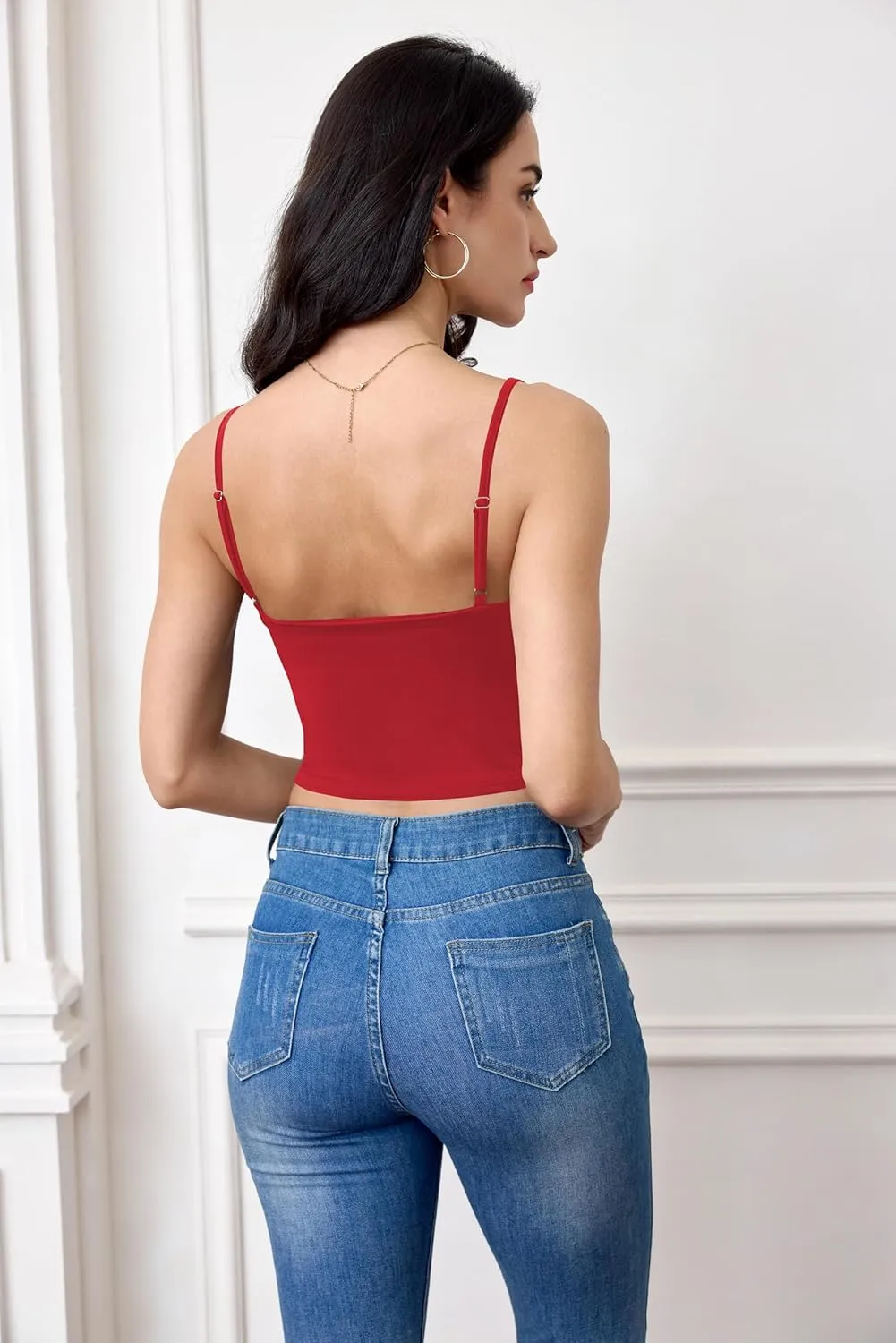 Women's Sexy Sleeveless Deep V Neck Camisole Tops Adjustable Spaghetti Straps Slim Fit Crop Tank Tops