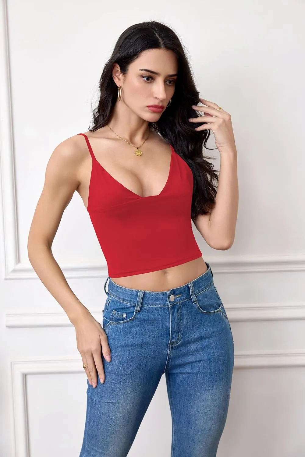 Women's Sexy Sleeveless Deep V Neck Camisole Tops Adjustable Spaghetti Straps Slim Fit Crop Tank Tops