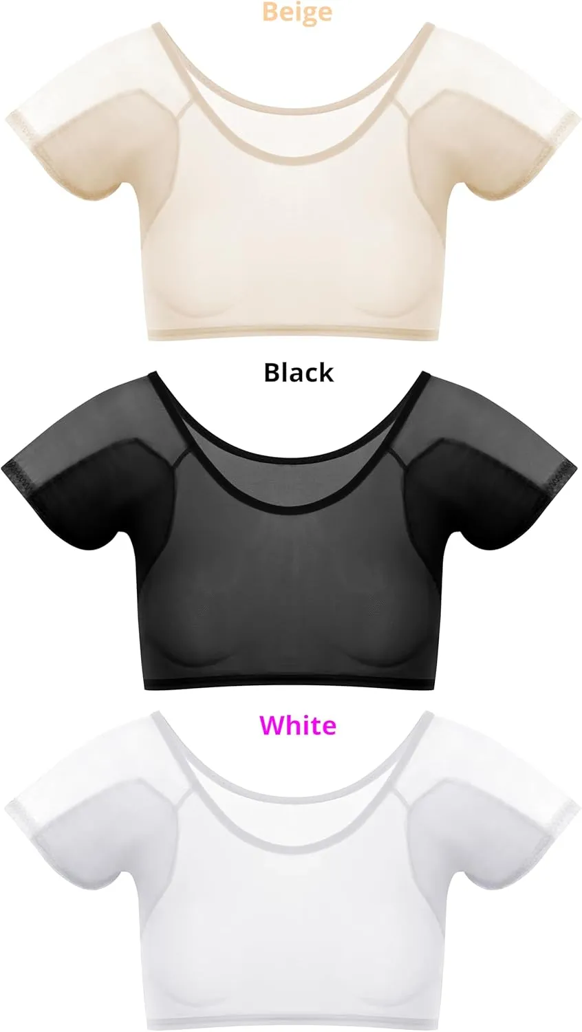 Womens Sheer Mesh Crop Undershirts, Short Sleeve, Sweatproof with Underarm Pads, Scoop Neck, Stretchable Slim Fit Tops