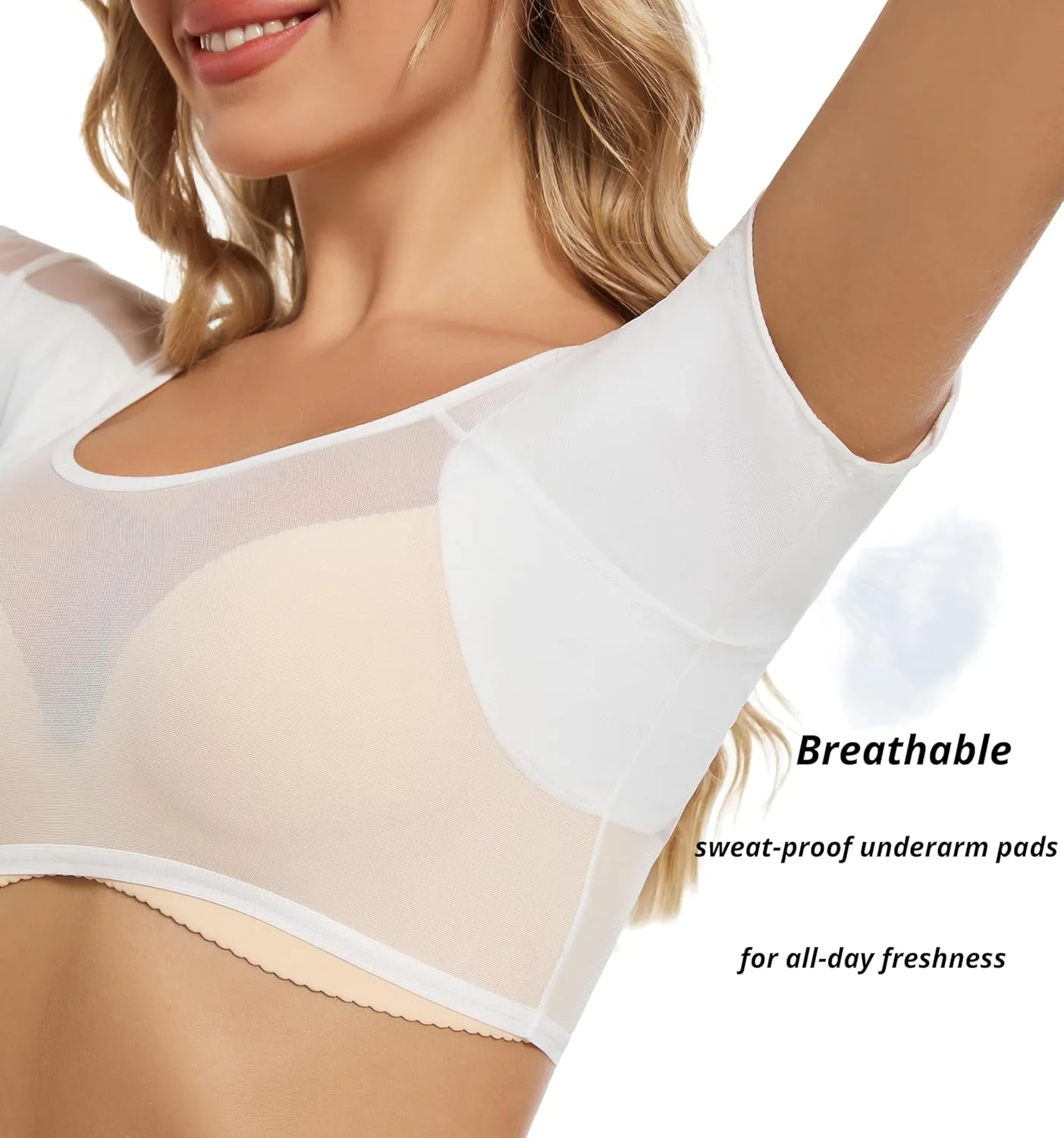 Womens Sheer Mesh Crop Undershirts, Short Sleeve, Sweatproof with Underarm Pads, Scoop Neck, Stretchable Slim Fit Tops