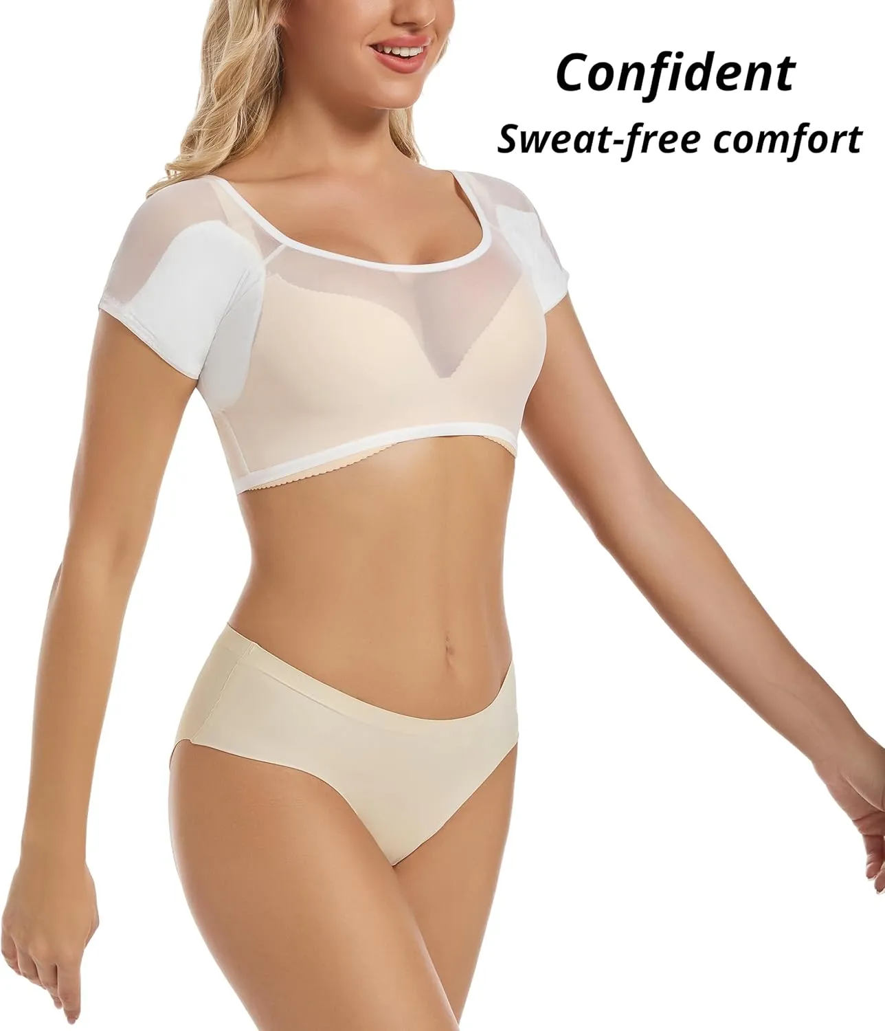 Womens Sheer Mesh Crop Undershirts, Short Sleeve, Sweatproof with Underarm Pads, Scoop Neck, Stretchable Slim Fit Tops