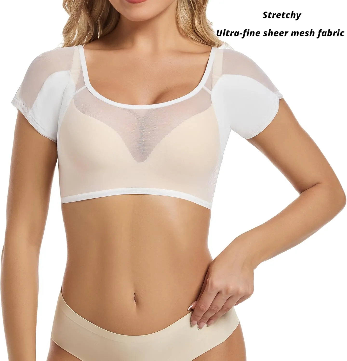 Womens Sheer Mesh Crop Undershirts, Short Sleeve, Sweatproof with Underarm Pads, Scoop Neck, Stretchable Slim Fit Tops