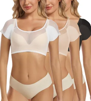 Womens Sheer Mesh Crop Undershirts, Short Sleeve, Sweatproof with Underarm Pads, Scoop Neck, Stretchable Slim Fit Tops