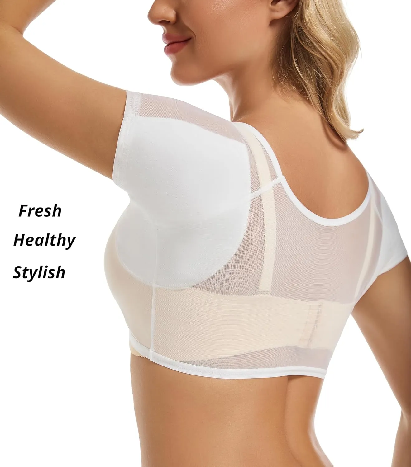 Womens Sheer Mesh Crop Undershirts, Short Sleeve, Sweatproof with Underarm Pads, Scoop Neck, Stretchable Slim Fit Tops