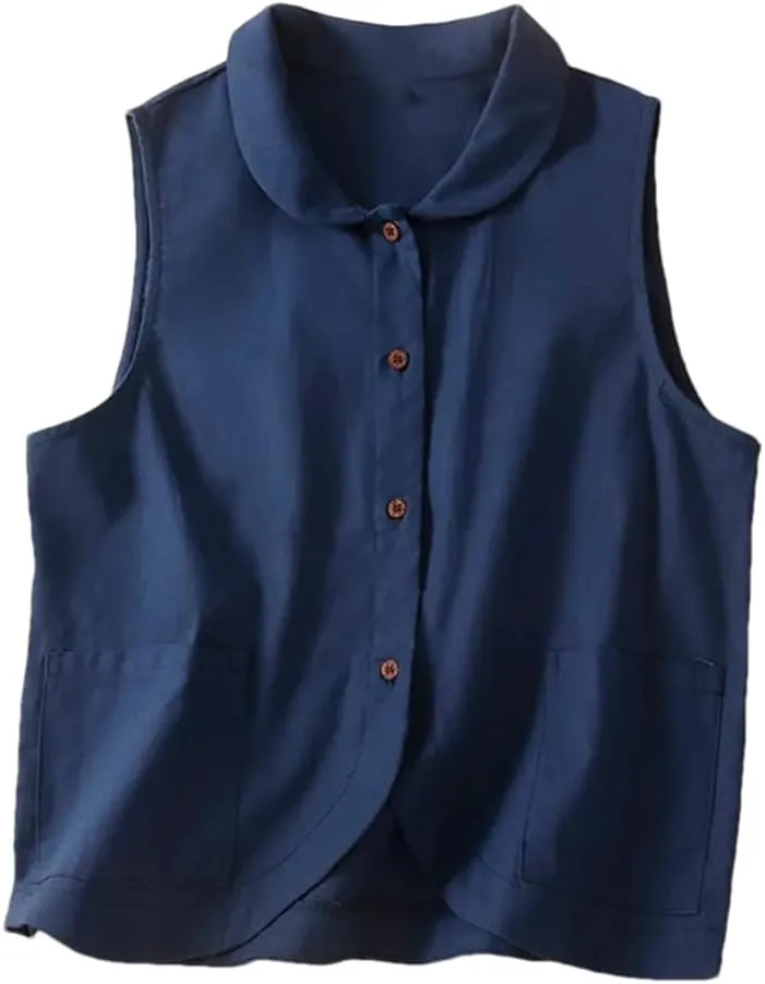 Women's Short Cotton And Linen Vest Double Pocket Stand Collar Sleeveless Vest Jacket