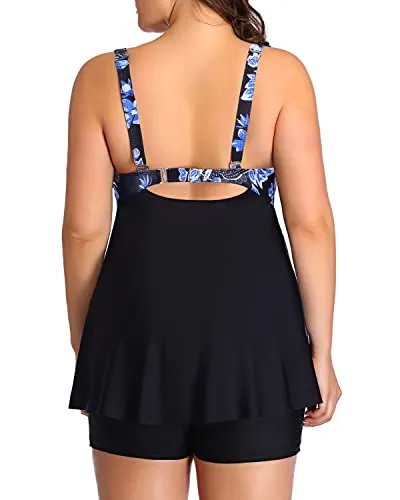 Women's Slimming Plus Size Tankini Swimsuits Boy Shorts-Blue Paisley