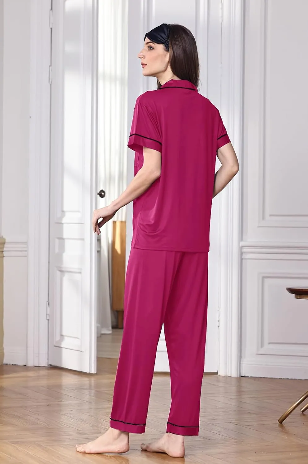 Womens Soft Pajamas Set XS-XXL Button Down Sleepwear Short Sleeves Pajama sets with Long Pants Pj Set Nightwear