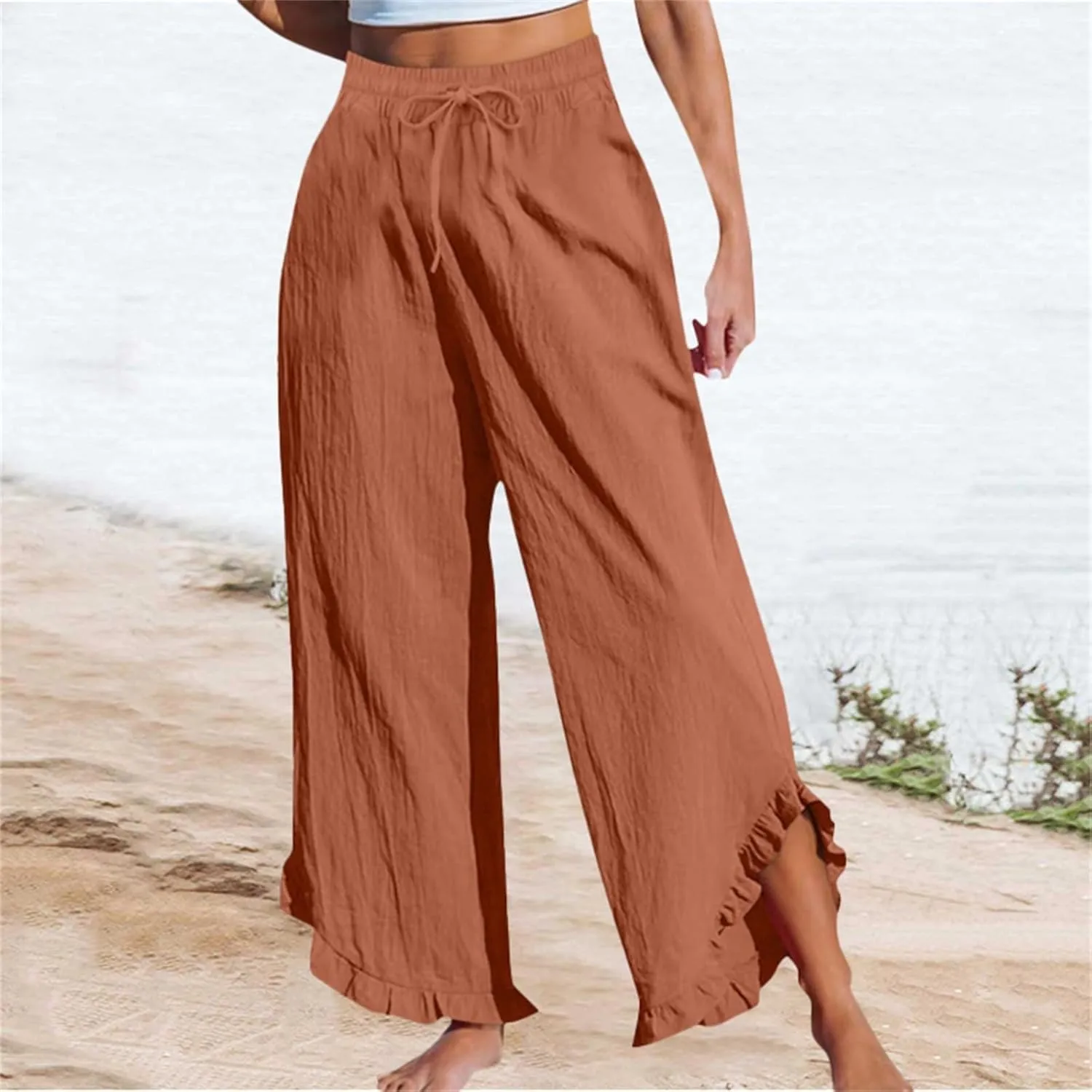 Womens Straight Casual Pants Cotton Linen High Wiast Wide Leg Soft Pant Summer Loose Fit Long Trousers with Pocket