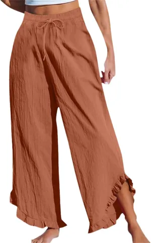Womens Straight Casual Pants Cotton Linen High Wiast Wide Leg Soft Pant Summer Loose Fit Long Trousers with Pocket