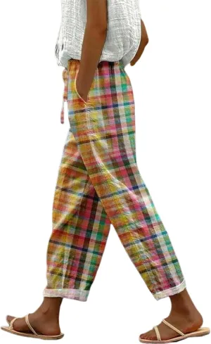Womens Stylish Loose Fit Colorful Plaid Pants Wide-Leg Style with Pockets 2025 Fashion Outfits