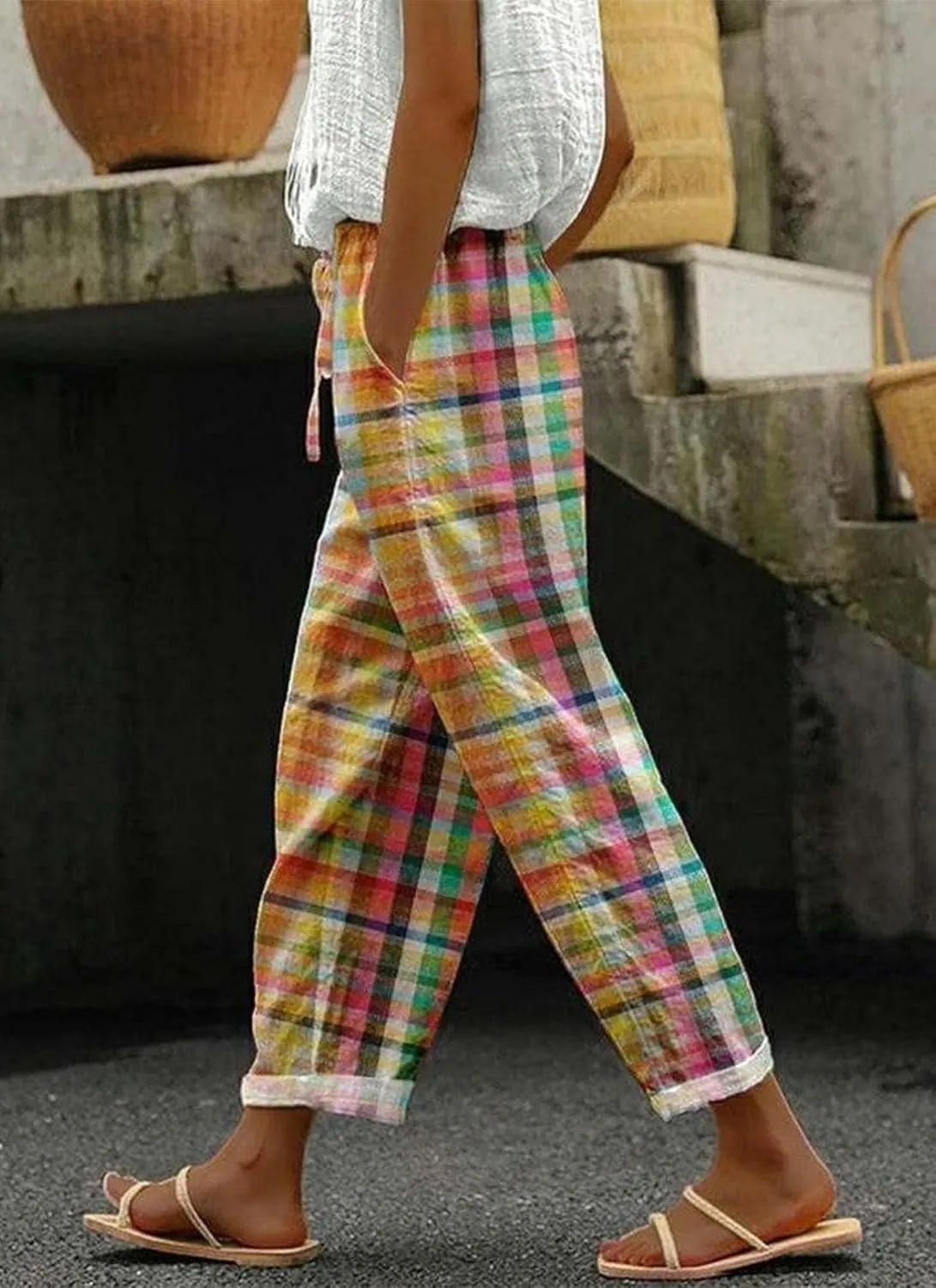 Womens Stylish Loose Fit Colorful Plaid Pants Wide-Leg Style with Pockets 2025 Fashion Outfits