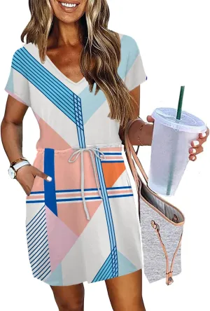 Womens Summer Dresses 2025 Casual Tie Front Short Sleeve A Line Midi Shirt Dress Beach Vacation Clothes