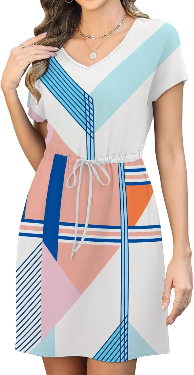 Womens Summer Dresses 2025 Casual Tie Front Short Sleeve A Line Midi Shirt Dress Beach Vacation Clothes