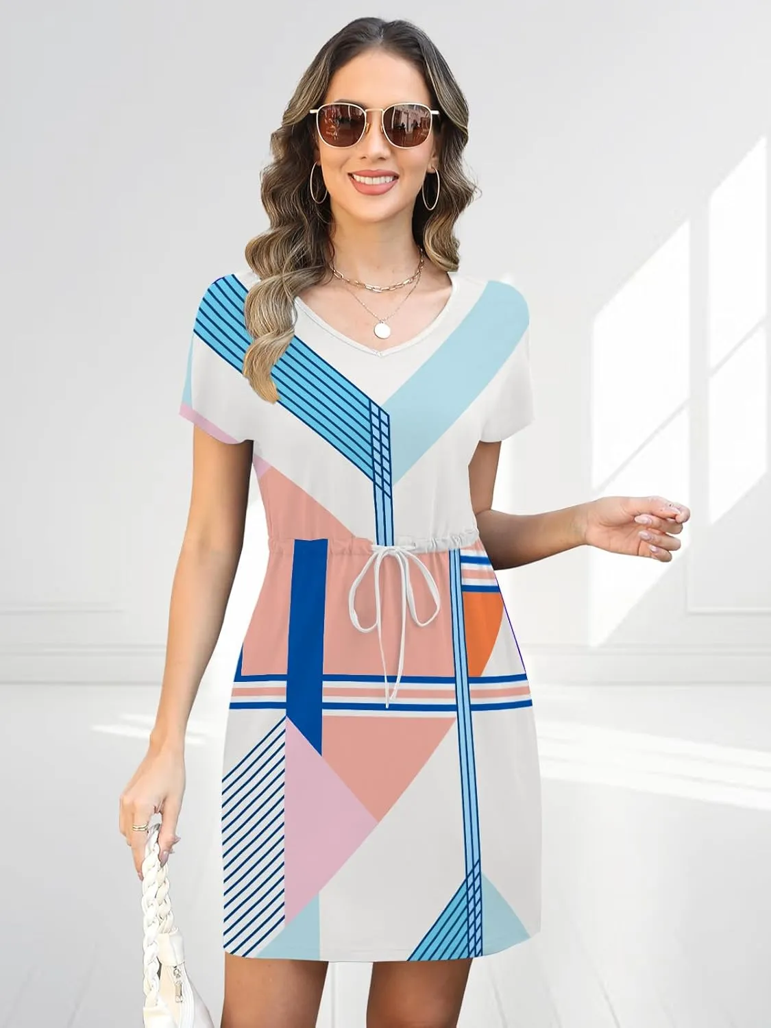 Womens Summer Dresses 2025 Casual Tie Front Short Sleeve A Line Midi Shirt Dress Beach Vacation Clothes