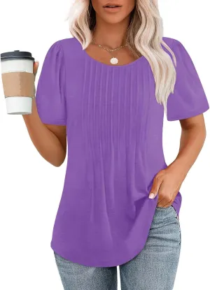 Womens Summer Short Sleeve Pleated Tops Crew Neck Puff Sleeve Blouses Tunic Tops 2024 Loose Fit Dressy Casual T Shirts
