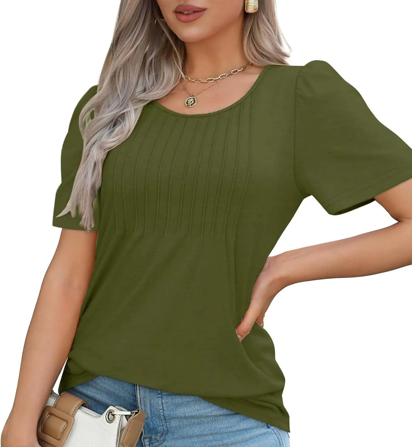 Womens Summer Short Sleeve Pleated Tops Crew Neck Puff Sleeve Blouses Tunic Tops 2024 Loose Fit Dressy Casual T Shirts
