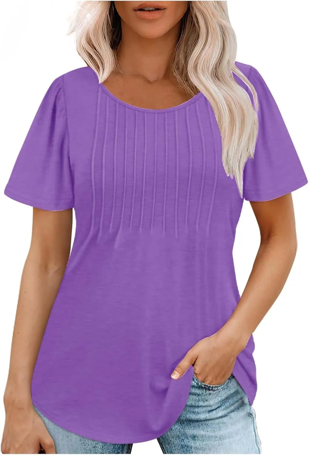 Womens Summer Short Sleeve Pleated Tops Crew Neck Puff Sleeve Blouses Tunic Tops 2024 Loose Fit Dressy Casual T Shirts