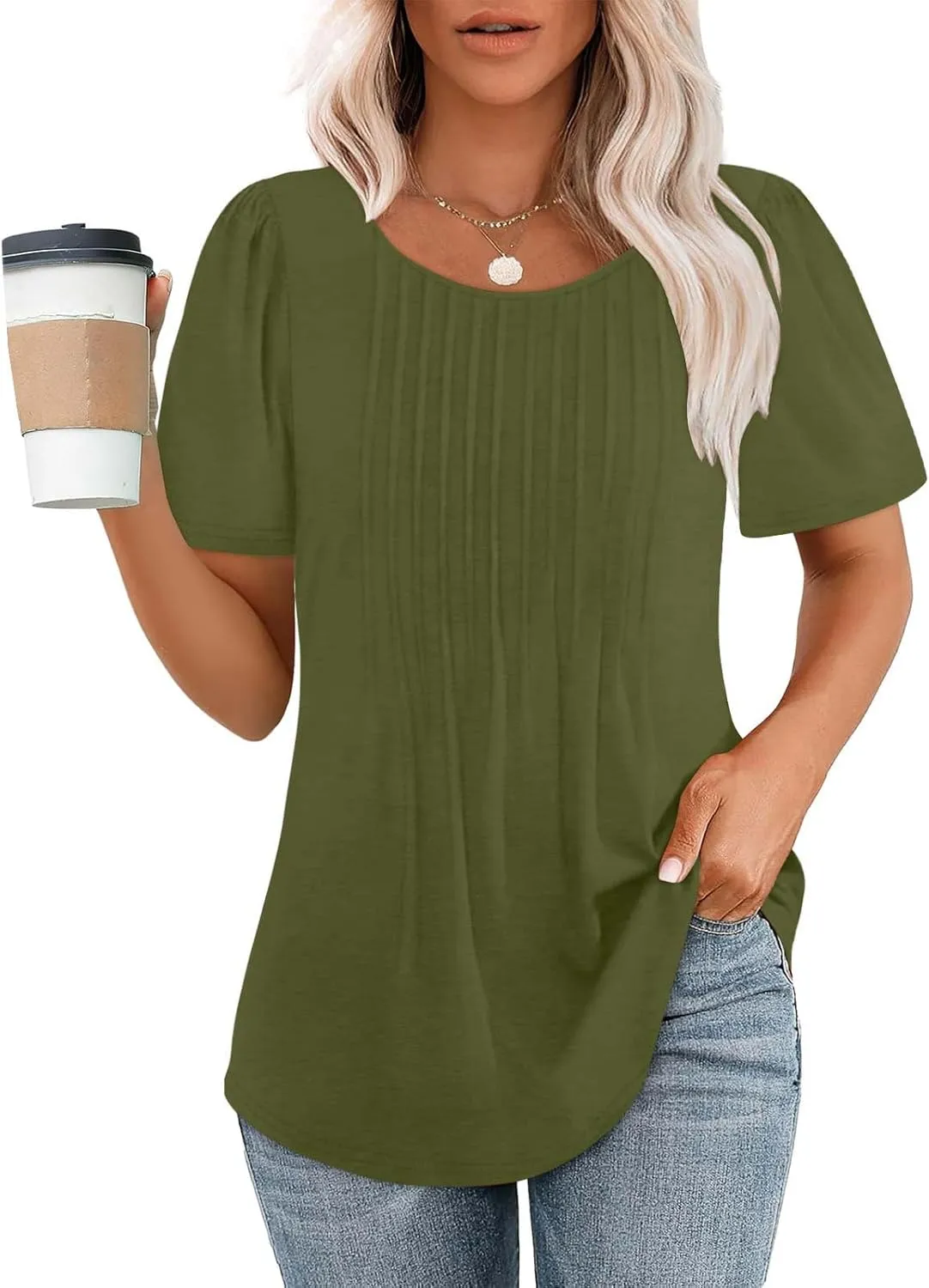 Womens Summer Short Sleeve Pleated Tops Crew Neck Puff Sleeve Blouses Tunic Tops 2024 Loose Fit Dressy Casual T Shirts