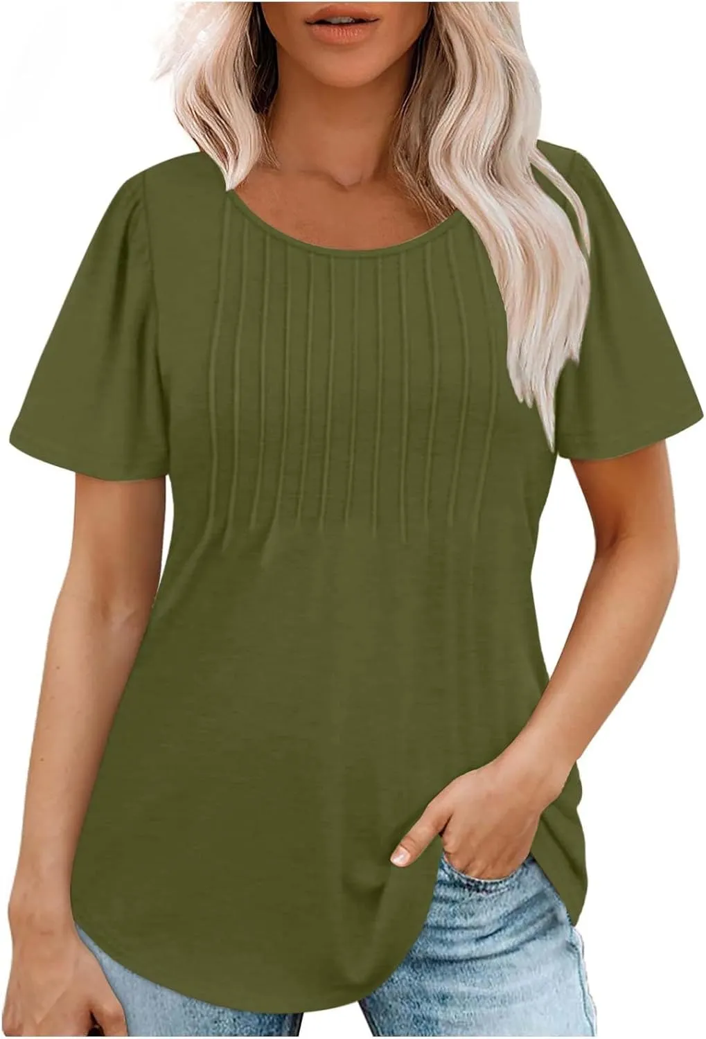 Womens Summer Short Sleeve Pleated Tops Crew Neck Puff Sleeve Blouses Tunic Tops 2024 Loose Fit Dressy Casual T Shirts