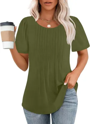 Womens Summer Short Sleeve Pleated Tops Crew Neck Puff Sleeve Blouses Tunic Tops 2024 Loose Fit Dressy Casual T Shirts