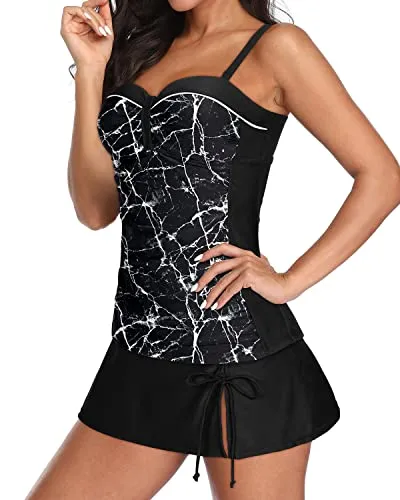 Women's Two Piece Ruched Tankini Adjustable Shoulder Straps And Skirt-Black Marble