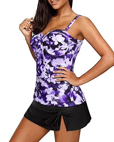 Women's Two Piece Vintage Retro Styled Tankini Flattering Skirt-White Tie Dye