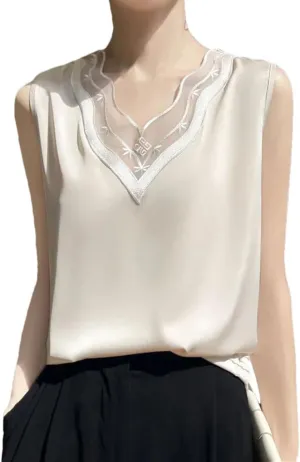 Women's V-Neck Lace Printed Chinese Style Satin Temperament Sleeveless Camisole