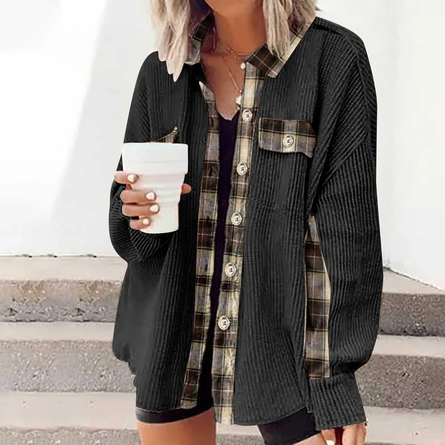 Womens Waffle Knit Shacket Boyfriend Button Down Shirt Jacket Loose Long Sleeve Tops Fall Fashion y2k Clothes