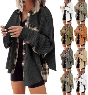 Womens Waffle Knit Shacket Boyfriend Button Down Shirt Jacket Loose Long Sleeve Tops Fall Fashion y2k Clothes